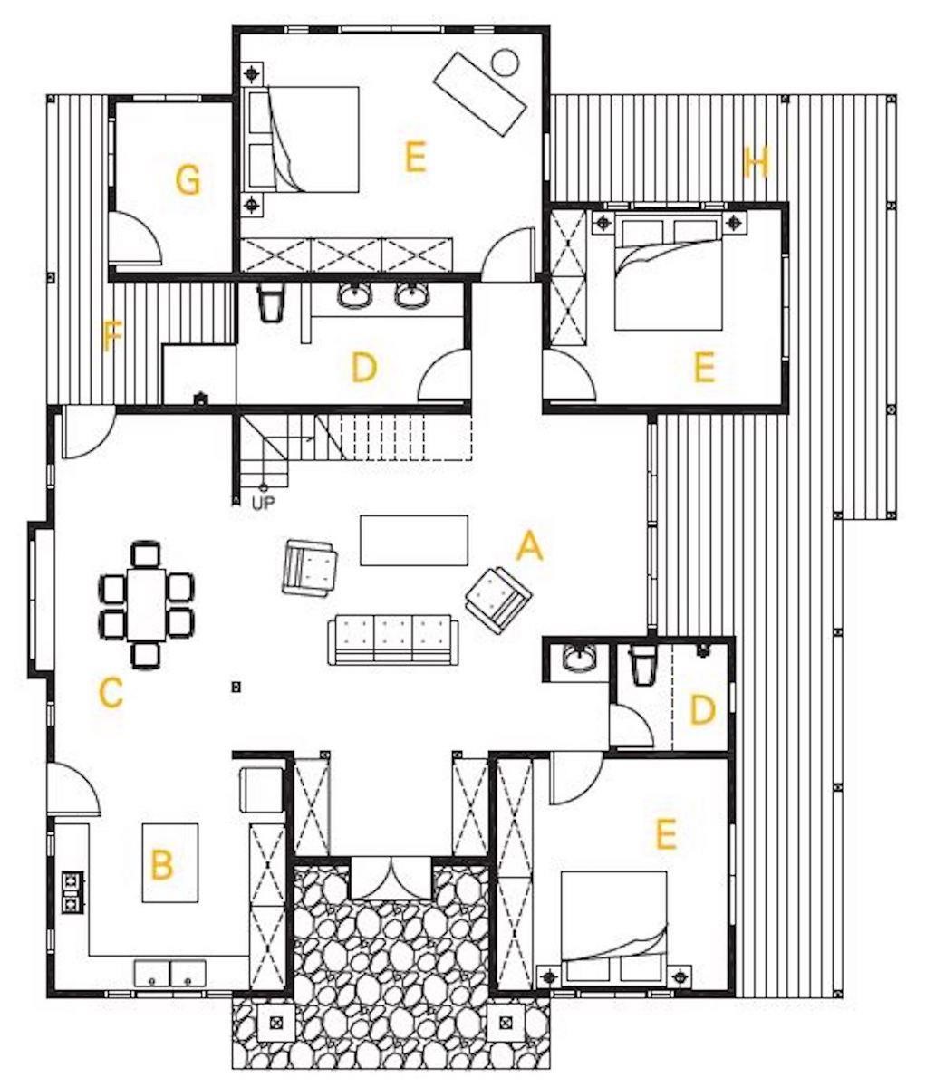 １樓平面圖  A起居室／B廚房／C餐廳／D衛浴／E臥房／F陽台／G洗衣房／H迴廊  攝影_葉勇宏
